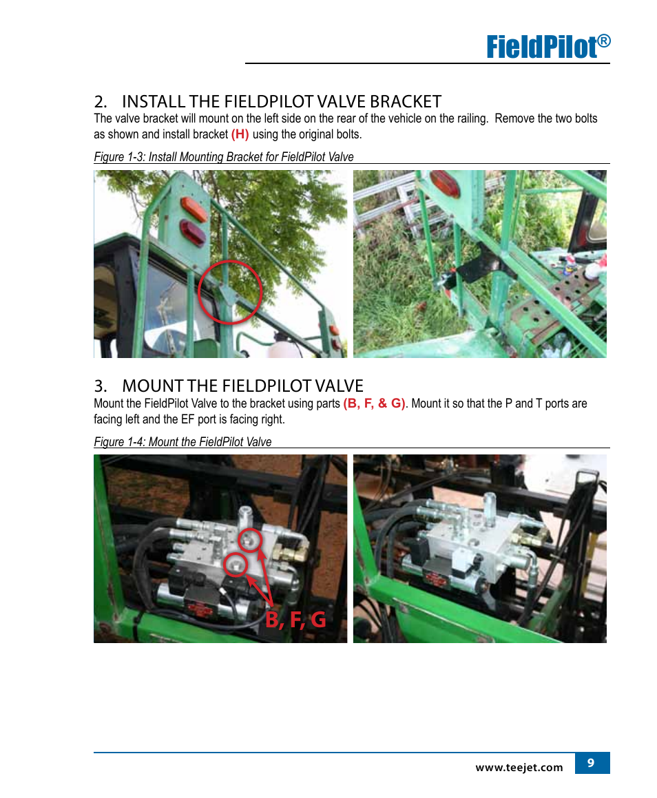 Fieldpilot, B, f, g, Install the fieldpilot valve bracket | Mount the fieldpilot valve | TeeJet FieldPilot Install John Deere 6500 & 6700 Hi-Cycle User Manual | Page 11 / 24