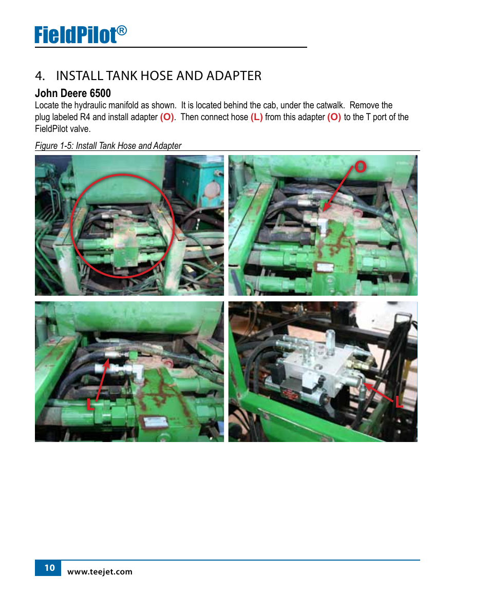 Fieldpilot, Ol l, Install tank hose and adapter | TeeJet FieldPilot Install John Deere 6500 & 6700 Hi-Cycle User Manual | Page 12 / 24