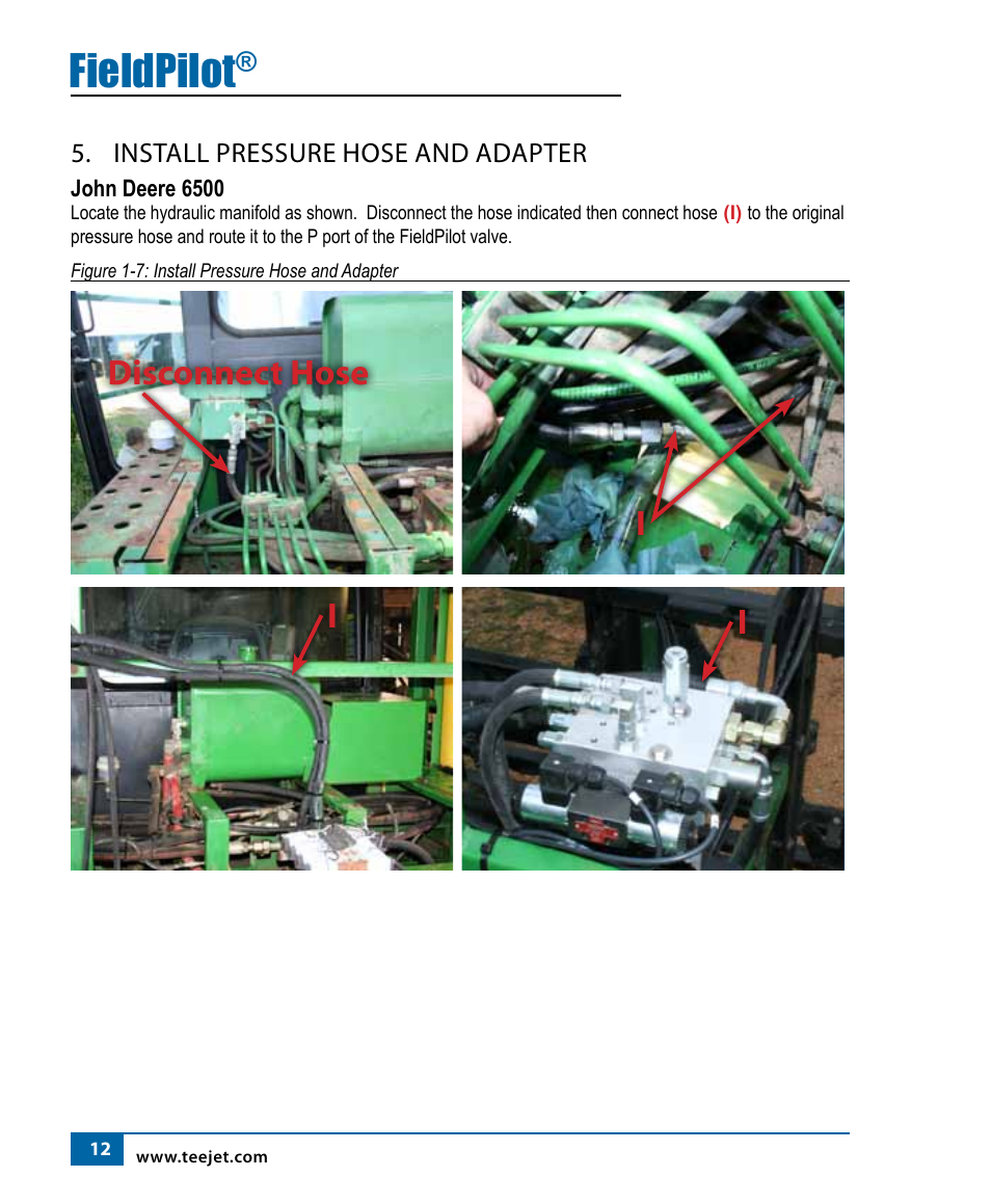 Fieldpilot, Disconnect hose i i i | TeeJet FieldPilot Install John Deere 6500 & 6700 Hi-Cycle User Manual | Page 14 / 24
