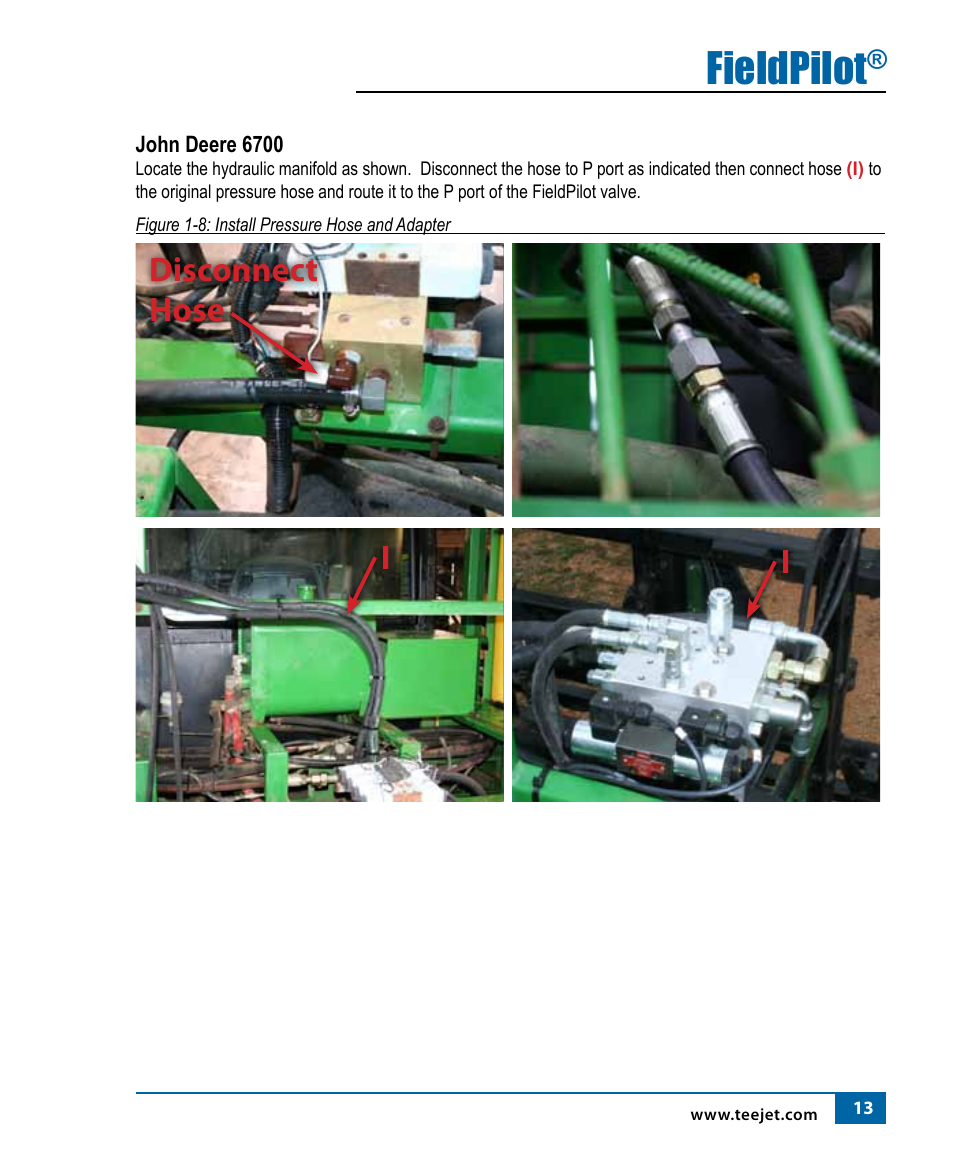 Fieldpilot, Disconnect hose i i | TeeJet FieldPilot Install John Deere 6500 & 6700 Hi-Cycle User Manual | Page 15 / 24