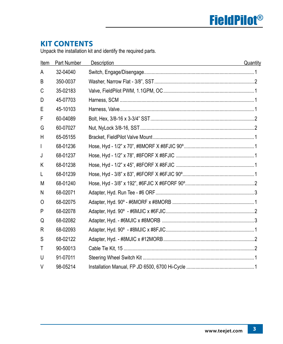 Fieldpilot, Kit contents | TeeJet FieldPilot Install John Deere 6500 & 6700 Hi-Cycle User Manual | Page 5 / 24