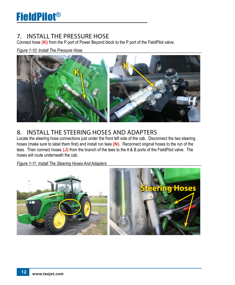 Fieldpilot, Ksteering hoses, Install the pressure hose | Install the steering hoses and adapters | TeeJet FieldPilot Install John Deere 7x20 Series User Manual | Page 14 / 20