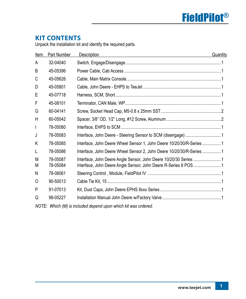 Fieldpilot, Kit contents | TeeJet FieldPilot Install John Deere 8xxx User Manual | Page 3 / 16