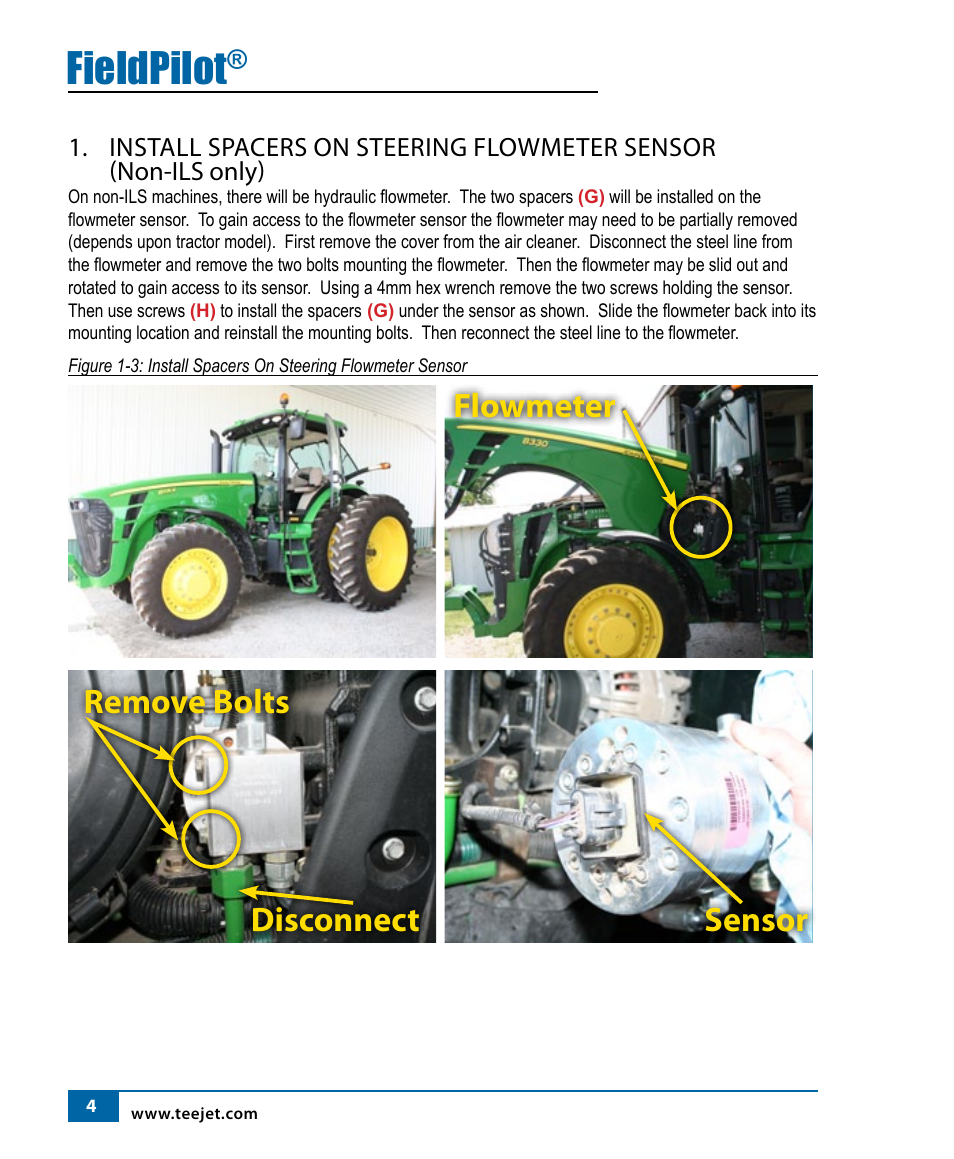 Fieldpilot, Flowmeter, Remove bolts disconnect sensor | TeeJet FieldPilot Install John Deere 8xxx User Manual | Page 6 / 16