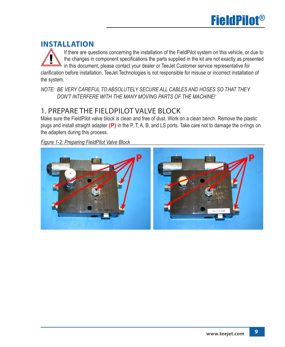 Fieldpilot, Installation, Prepare the fieldpilot valve block | TeeJet FieldPilot Install John Deere 8x00 User Manual | Page 10 / 22