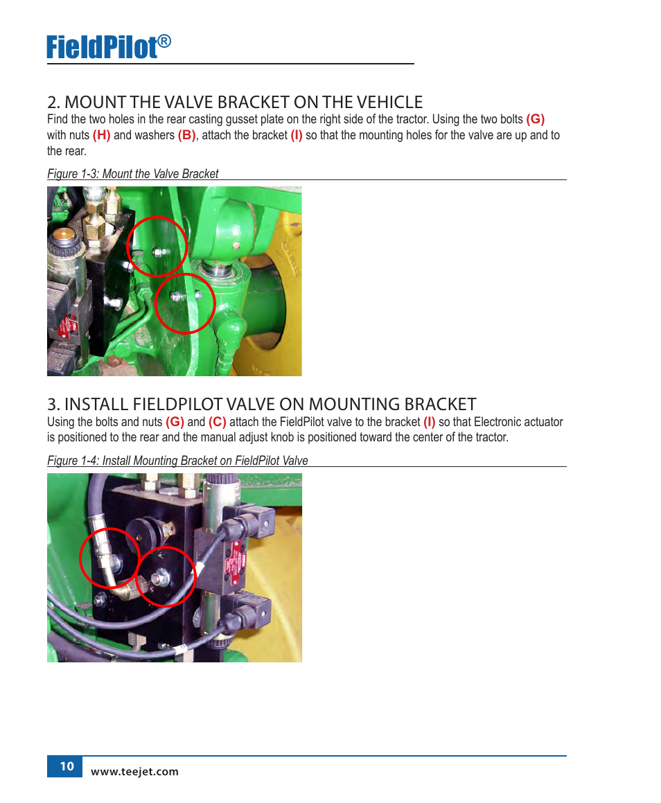 Fieldpilot, Mount the valve bracket on the vehicle, Install fieldpilot valve on mounting bracket | TeeJet FieldPilot Install John Deere 8x00 User Manual | Page 11 / 22