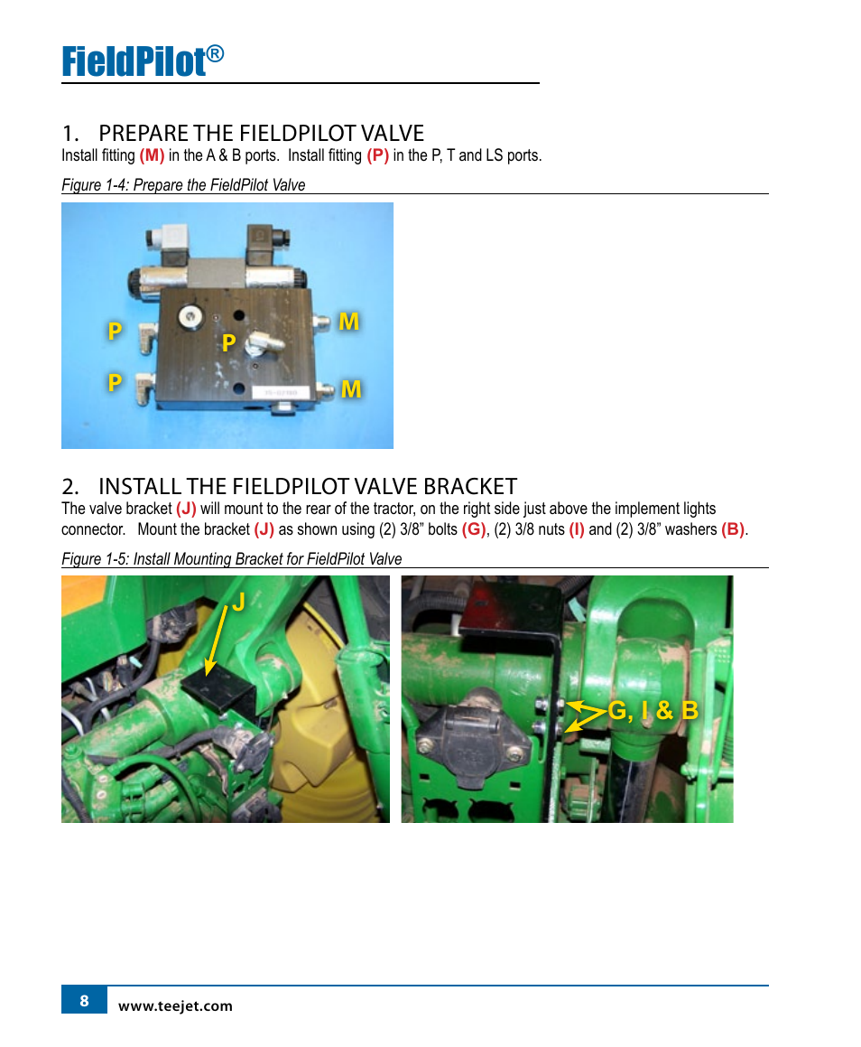 Fieldpilot, Mp p p, G, i & b | Prepare the fieldpilot valve, Install the fieldpilot valve bracket | TeeJet FieldPilot Install John Deere 8x20 User Manual | Page 10 / 20