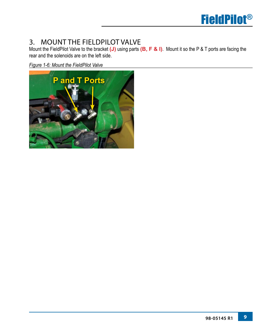 Fieldpilot, P and t ports, Mount the fieldpilot valve | TeeJet FieldPilot Install John Deere 8x20 User Manual | Page 11 / 20
