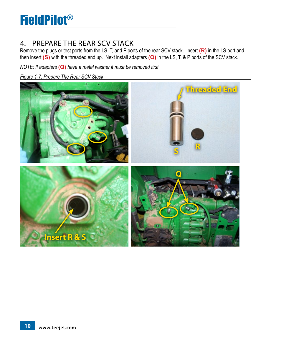 Fieldpilot, Rq s threaded end insert r & s, Prepare the rear scv stack | TeeJet FieldPilot Install John Deere 8x20 User Manual | Page 12 / 20