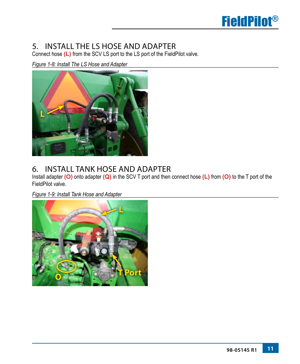 Fieldpilot, Ol l t port, Install the ls hose and adapter | Install tank hose and adapter | TeeJet FieldPilot Install John Deere 8x20 User Manual | Page 13 / 20
