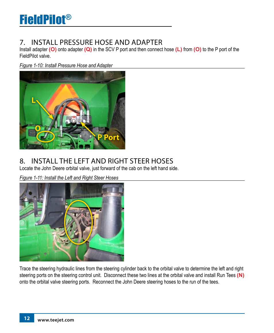 Fieldpilot, Ol p port, Install pressure hose and adapter | Install the left and right steer hoses | TeeJet FieldPilot Install John Deere 8x20 User Manual | Page 14 / 20
