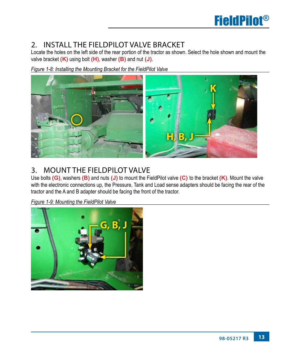 Fieldpilot, H, b, j k, G, b, j | Install the fieldpilot valve bracket, Mount the fieldpilot valve | TeeJet FieldPilot Install John Deere 9x00-9x20 User Manual | Page 17 / 32