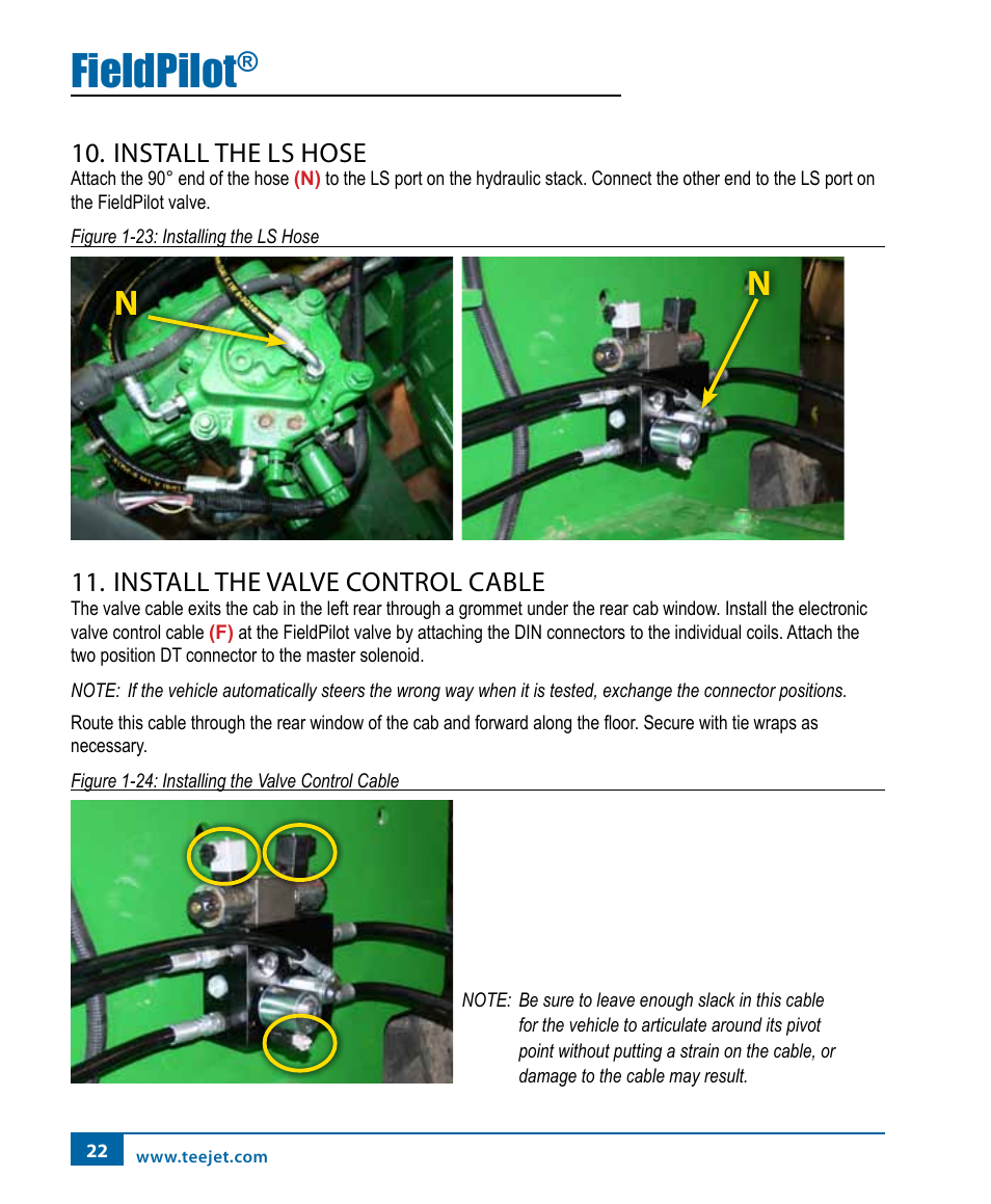 Fieldpilot, Install the ls hose, Install the valve control cable | TeeJet FieldPilot Install John Deere 9x00-9x20 User Manual | Page 26 / 32