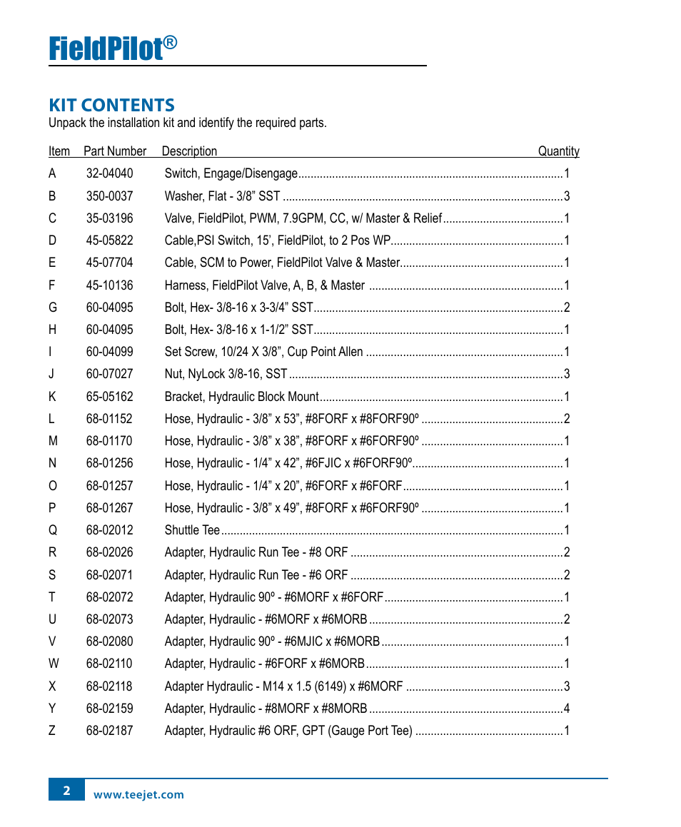 Fieldpilot, Kit contents | TeeJet FieldPilot Install John Deere 9x00-9x20 User Manual | Page 6 / 32
