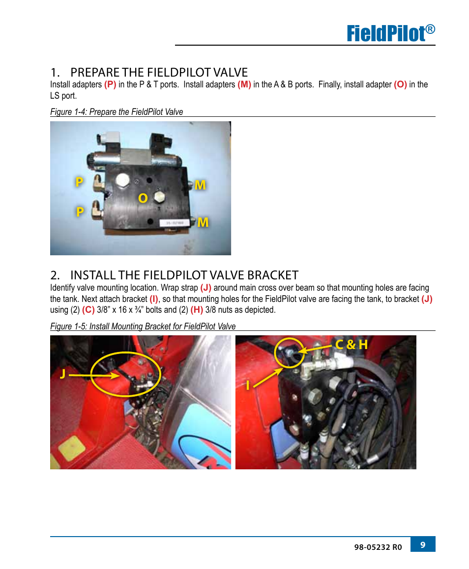 Fieldpilot, Pm p m o, Ic & h | Prepare the fieldpilot valve, Install the fieldpilot valve bracket | TeeJet FieldPilot Install Miller 22xx T T-SS T-ET HT User Manual | Page 11 / 20