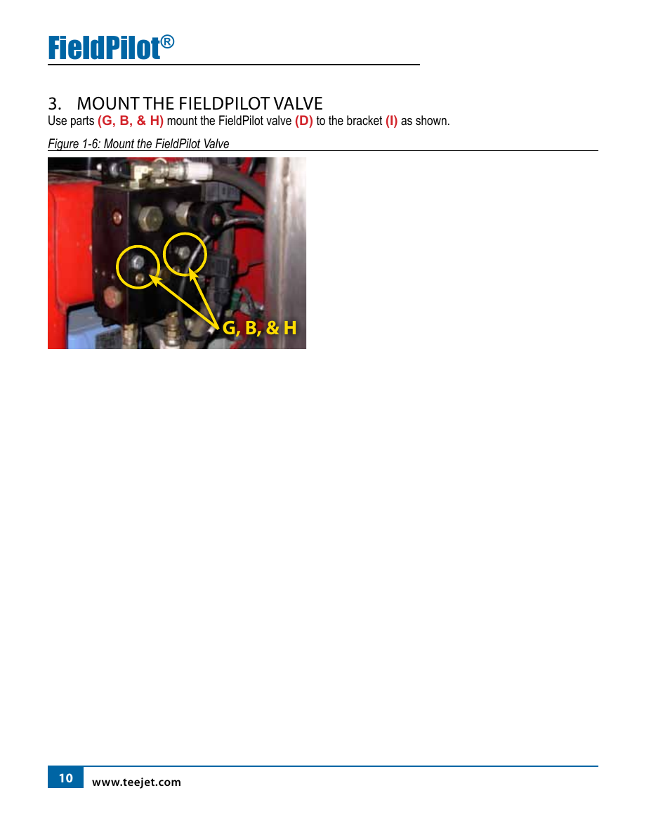 Fieldpilot, G, b, & h, Mount the fieldpilot valve | TeeJet FieldPilot Install Miller 22xx T T-SS T-ET HT User Manual | Page 12 / 20