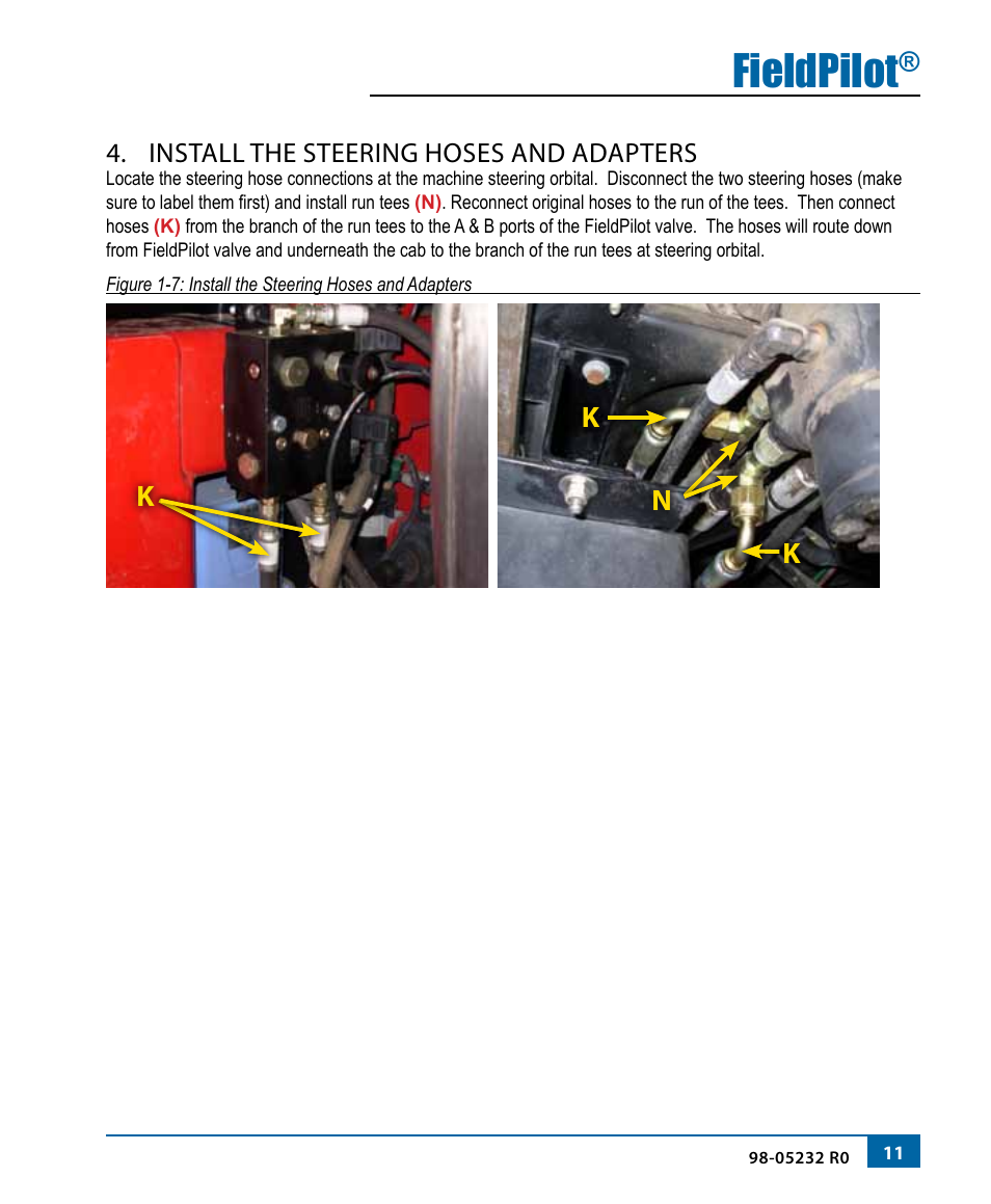 Fieldpilot, Nk k, Install the steering hoses and adapters | TeeJet FieldPilot Install Miller 22xx T T-SS T-ET HT User Manual | Page 13 / 20