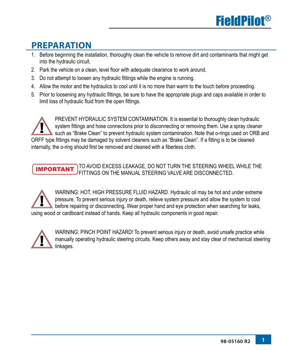 Fieldpilot, Preparation | TeeJet FieldPilot Install Miller Condor User Manual | Page 3 / 20