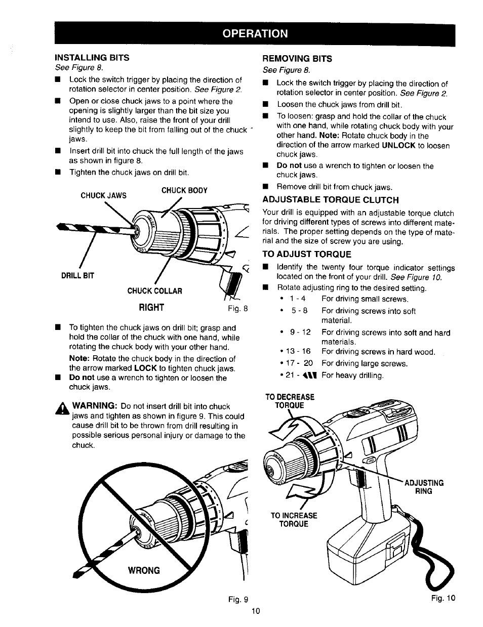 Installing bits, Removing bits, Adjustable torque clutch | To adjust torque, Operation | Craftsman 973.271830 User Manual | Page 10 / 16