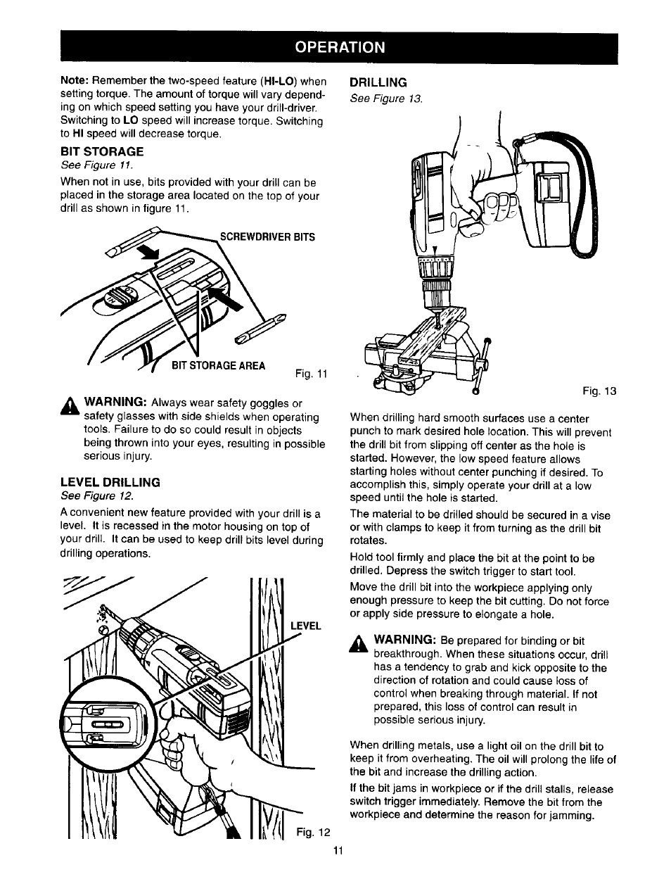 Bit storage, Drilling, Level drilling | Operation | Craftsman 973.271830 User Manual | Page 11 / 16