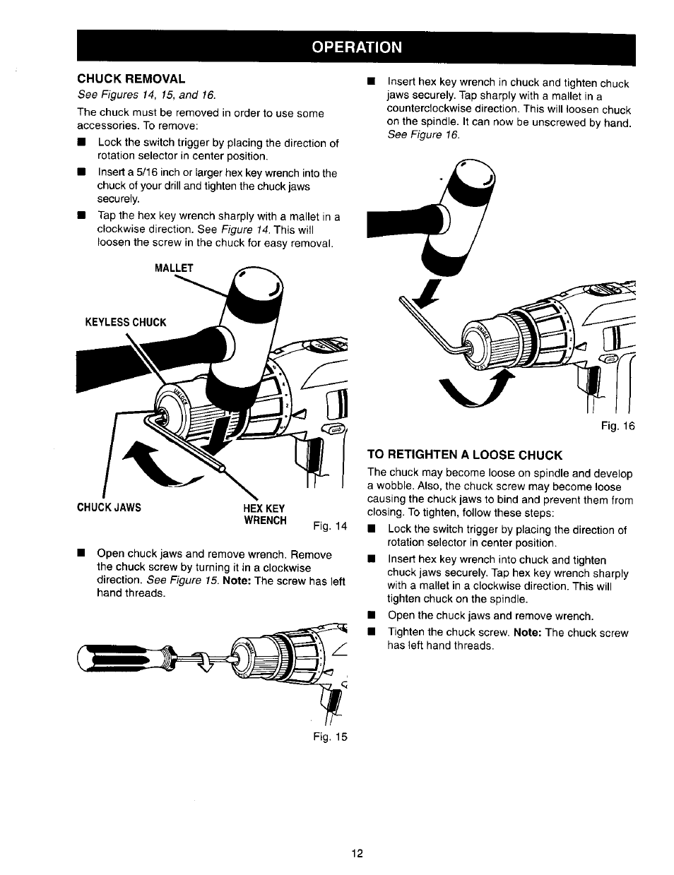 Chuck removal, To retighten a loose chuck, Operation | Craftsman 973.271830 User Manual | Page 12 / 16