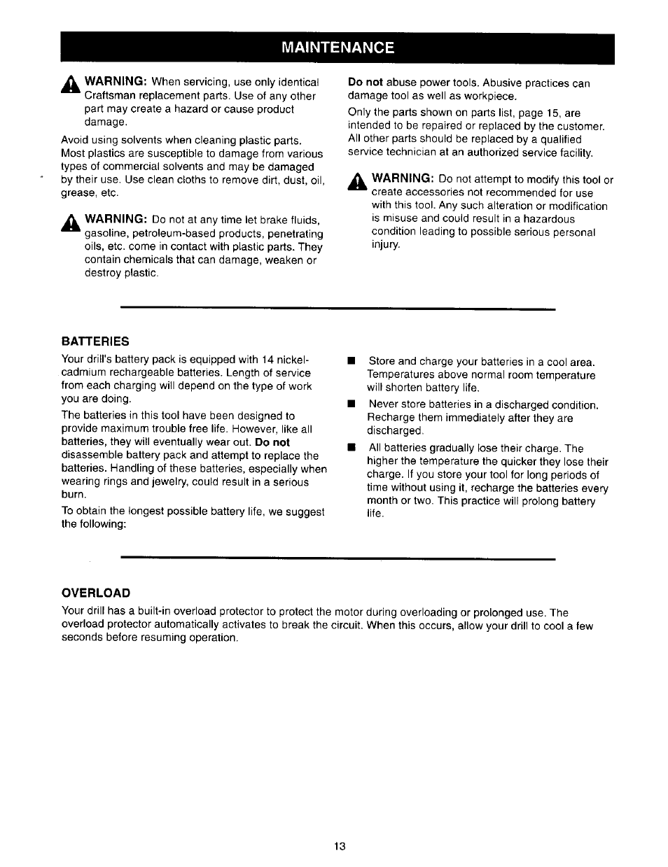 Maintenance, Batteries, Overload | Craftsman 973.271830 User Manual | Page 13 / 16