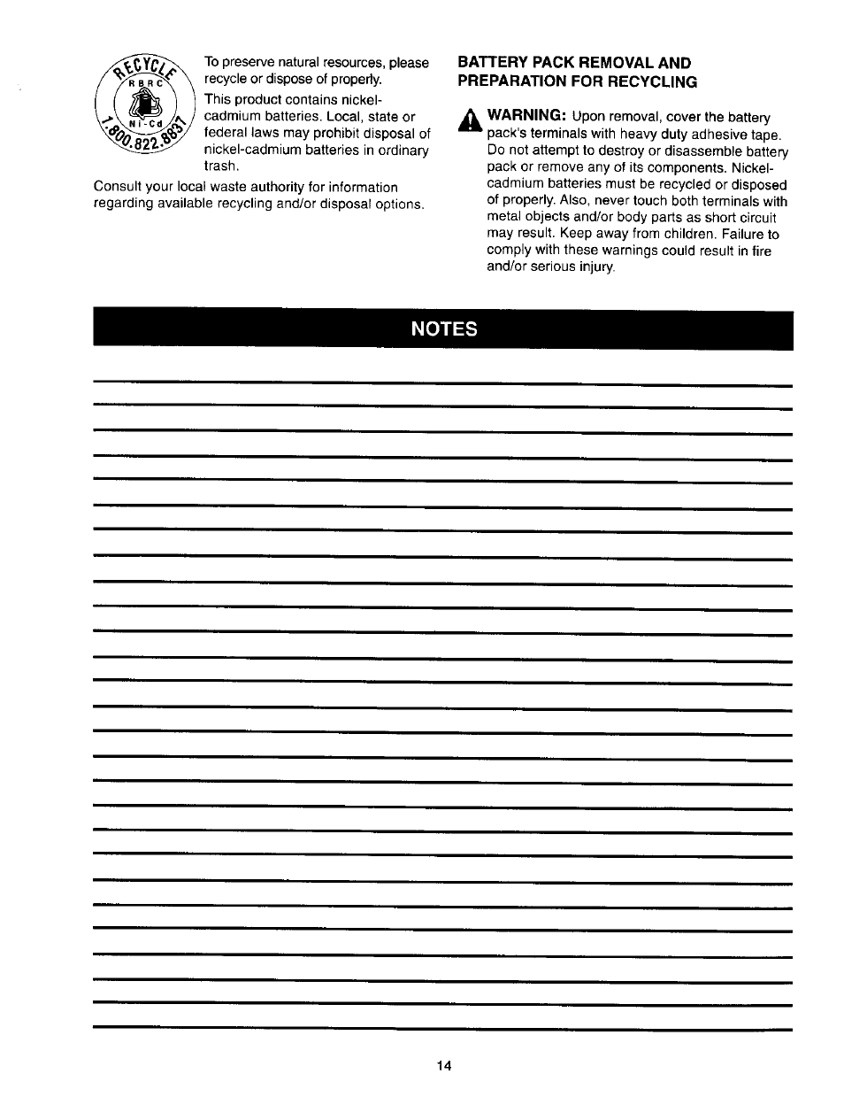 Battery pack removal and preparation for recycling, Battery pack removal and preparation for, Recycling | Craftsman 973.271830 User Manual | Page 14 / 16