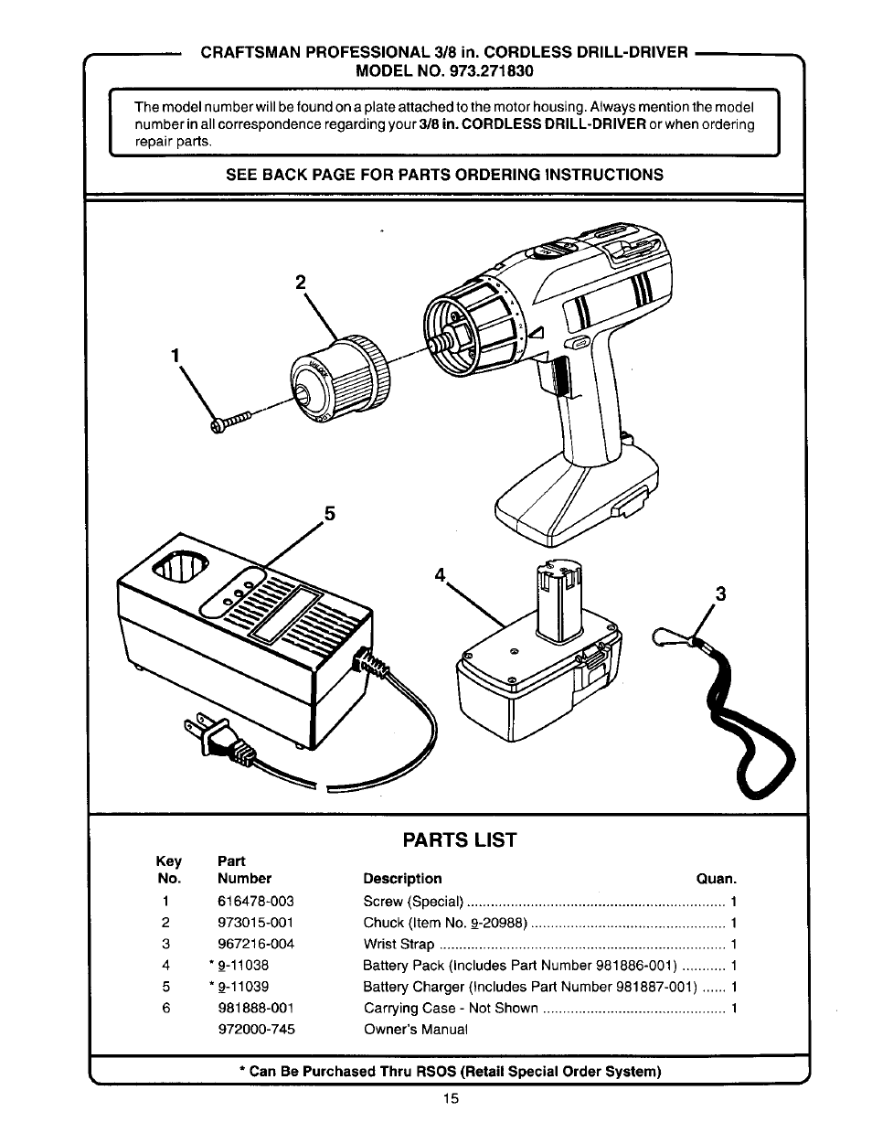 Model no. 973.271830, Parts list | Craftsman 973.271830 User Manual | Page 15 / 16