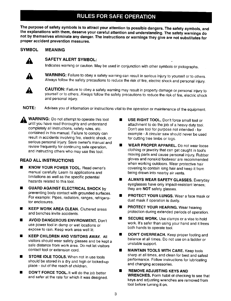 Symbol meaning, Safety alert symbol, Read all instructions | Rules for safe operation | Craftsman 973.271830 User Manual | Page 3 / 16