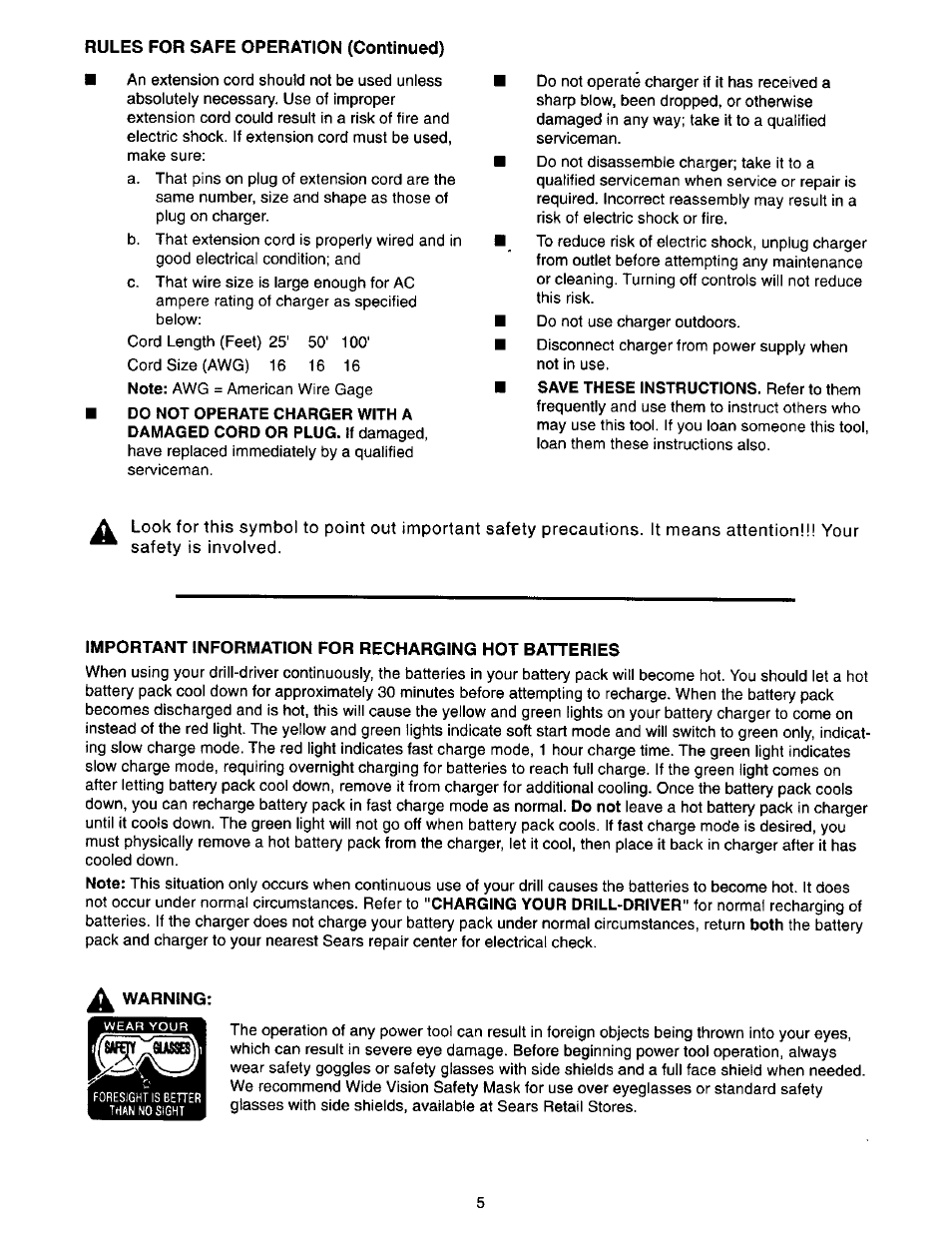 Important information for recharging hot batteries, C. important information for recharging, Hot batteries | Rules for safe operation (continued) | Craftsman 973.271830 User Manual | Page 5 / 16