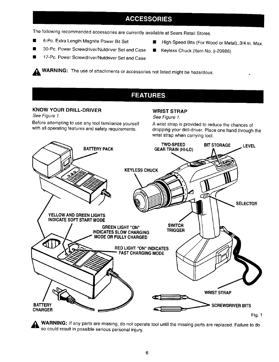 Accessories, Features, Know your drill-driver | Wrist strap | Craftsman 973.271830 User Manual | Page 6 / 16