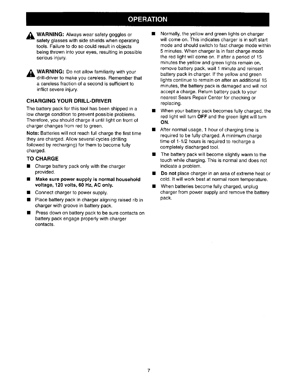 Charging your drill-driver, To charge, Operation | Craftsman 973.271830 User Manual | Page 7 / 16