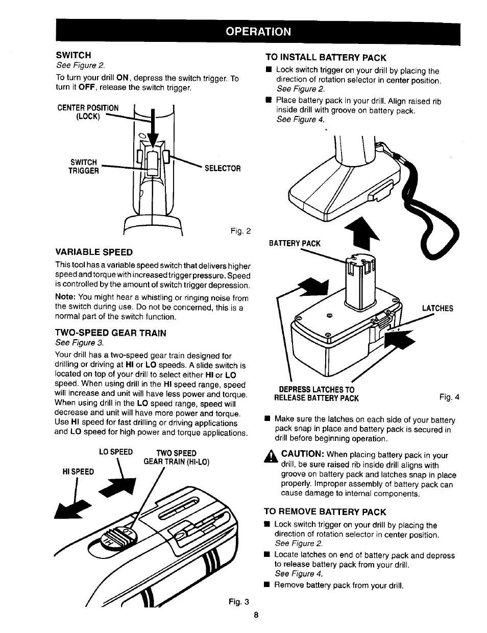 Switch, Variable speed, Two-speed gear train | To install battery pack, To remove battery pack, Operation | Craftsman 973.271830 User Manual | Page 8 / 16