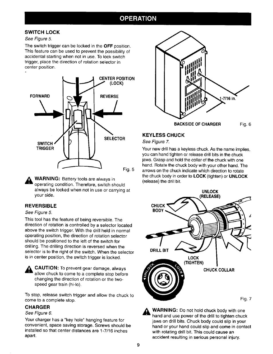 Switch lock, Reversible, Charger | Keyless chuck, Operation | Craftsman 973.271830 User Manual | Page 9 / 16