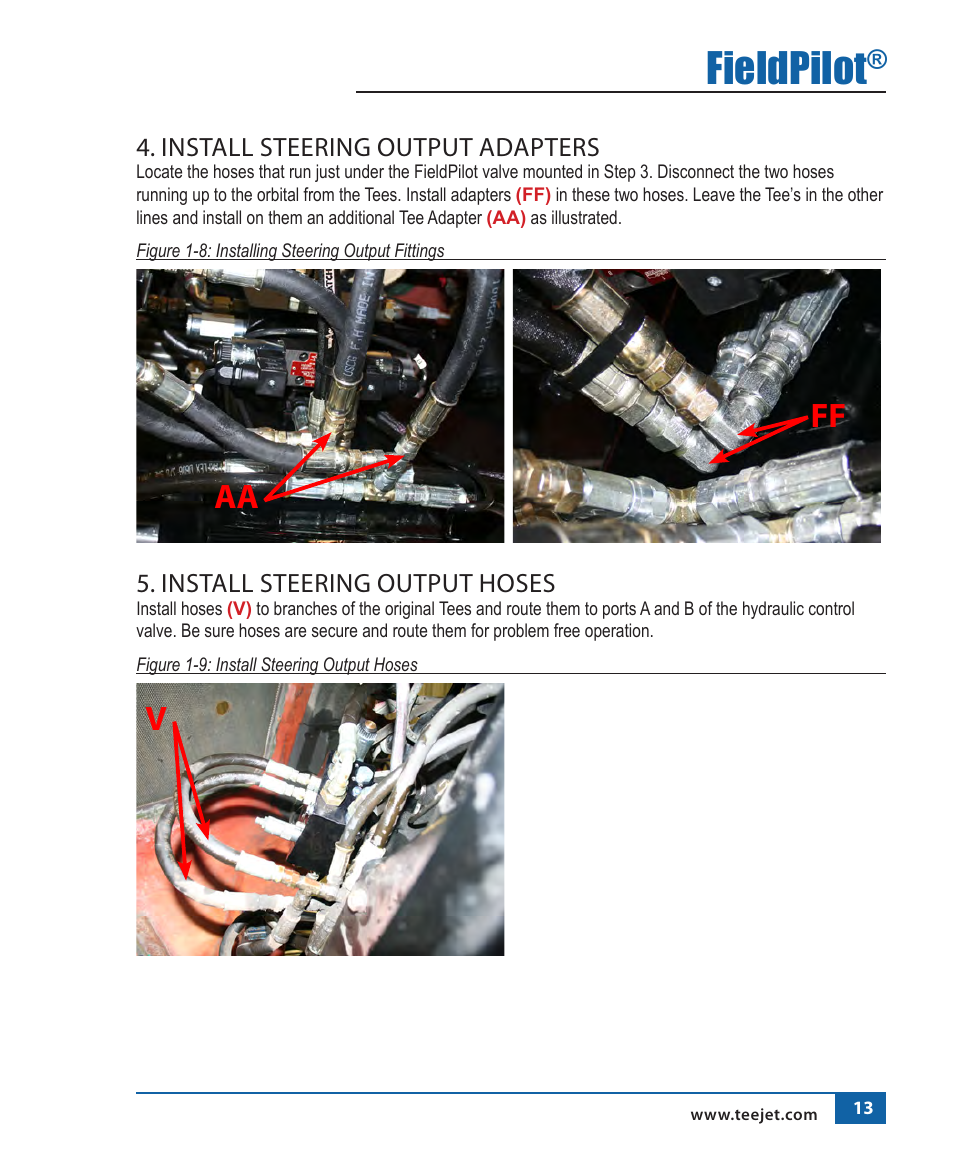 Fieldpilot, Install steering output adapters, Install steering output hoses | TeeJet FieldPilot Install Spra Coupe 44XX 4-Wheel User Manual | Page 14 / 22