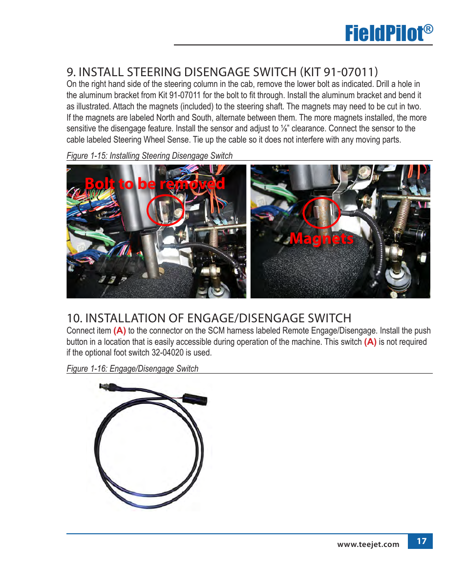 Fieldpilot, Bolt to be removed, Magnets | Installation of engage/disengage switch | TeeJet FieldPilot Install Spra Coupe 44XX 4-Wheel User Manual | Page 18 / 22