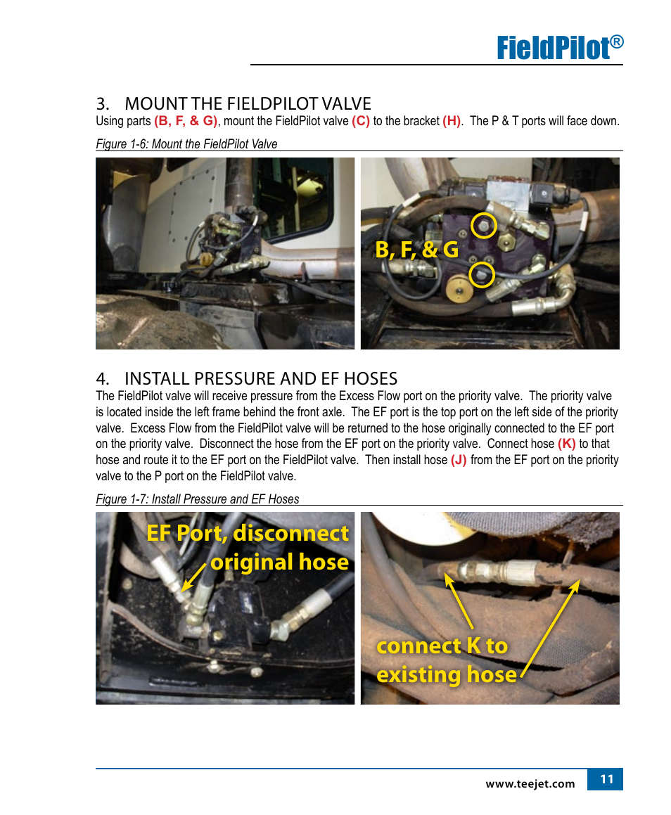 Fieldpilot, Ef port, disconnect original hose, Connect k to existing hose b, f, & g | Mount the fieldpilot valve, Install pressure and ef hoses | TeeJet FieldPilot Install Willmar 7200/50 & 7400/50 User Manual | Page 12 / 18