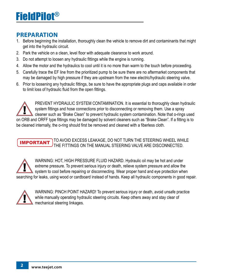 Fieldpilot, Preparation | TeeJet FieldPilot Install Willmar 7200/50 & 7400/50 User Manual | Page 3 / 18