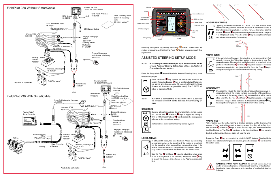 Fieldpilot 230 without smartcable, Assisted steering setup mode, Fieldpilot 230 with smartcable | Aggressiveness, Valve gain, Sensitivity, Valve test, Steering, Look ahead, V1.00 | TeeJet FieldPilot 230 User Guide User Manual | Page 2 / 2