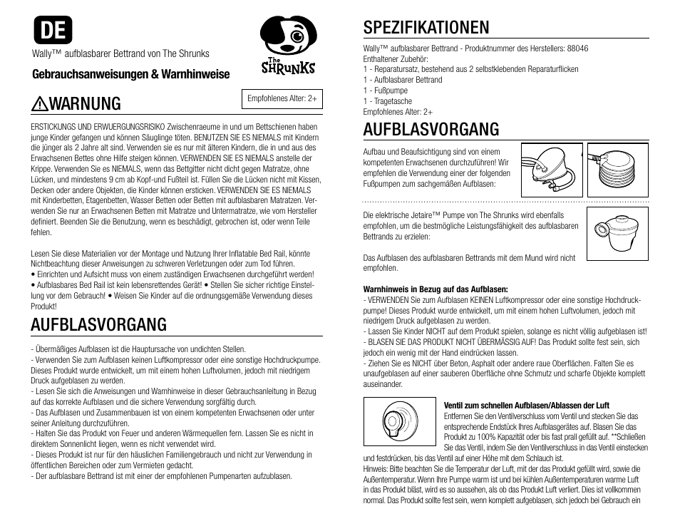 Warnung, Aufblasvorgang, Spezifikationen | The Shrunks Wally Inflatable Bed Rail User Manual | Page 10 / 12