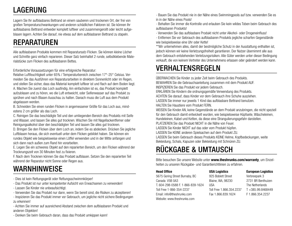 Verhaltensregeln, Rückgabe & umtausch, Lagerung | Reparaturen, Warnhinweise | The Shrunks Wally Inflatable Bed Rail User Manual | Page 12 / 12