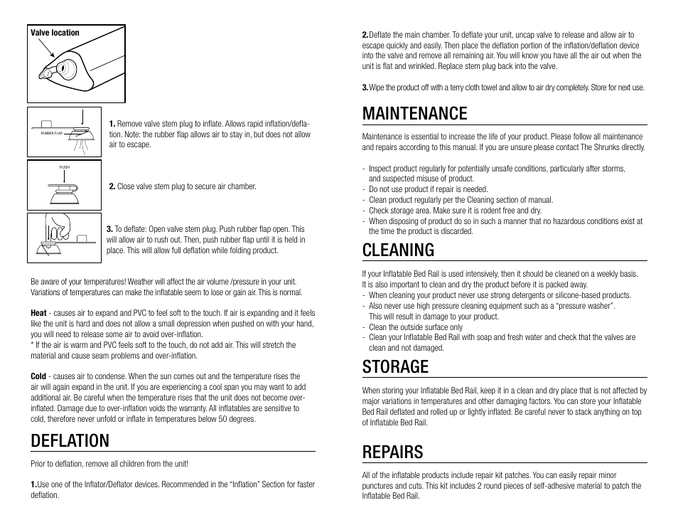 Maintenance, Cleaning, Storage | Repairs, Deflation | The Shrunks Wally Inflatable Bed Rail User Manual | Page 2 / 12