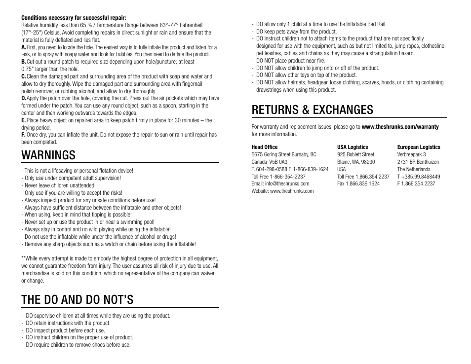 Returns & exchanges, Warnings, The do and do not’s | The Shrunks Wally Inflatable Bed Rail User Manual | Page 3 / 12