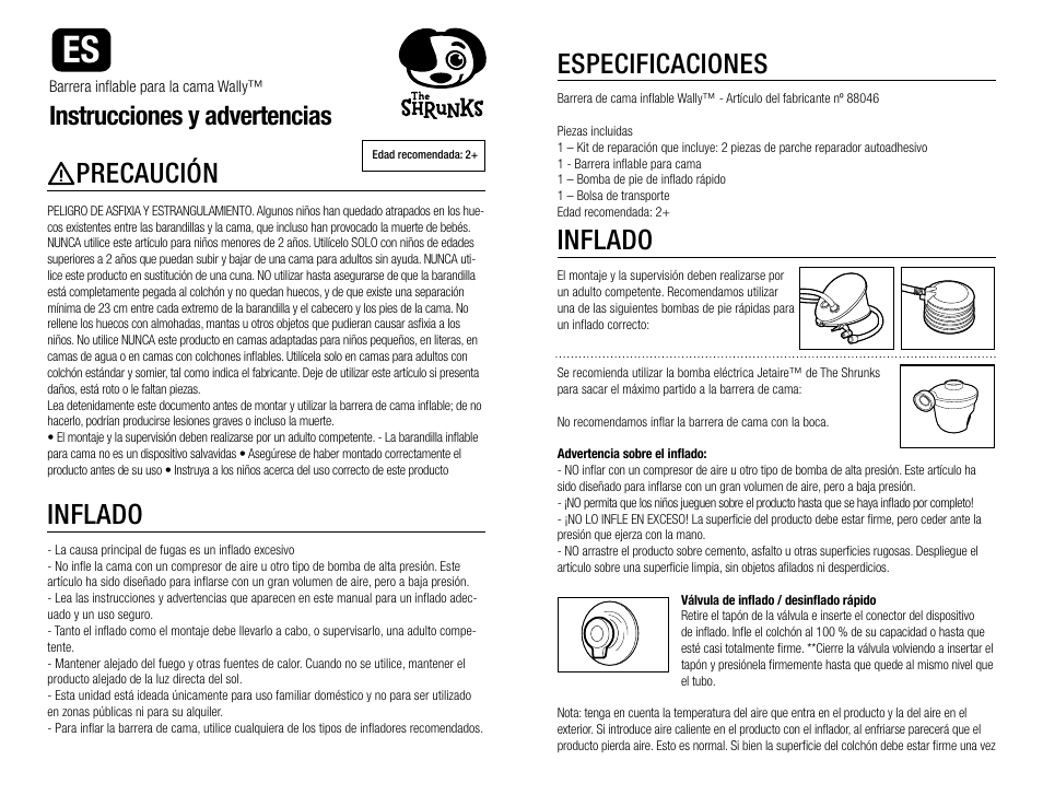 Precaución, Inflado, Especificaciones | Instrucciones y advertencias | The Shrunks Wally Inflatable Bed Rail User Manual | Page 4 / 12