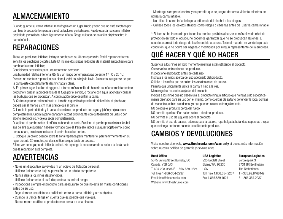 Qué hacer y qué no hacer, Cambios y devoluciones, Almacenamiento | Reparaciones, Advertencias | The Shrunks Wally Inflatable Bed Rail User Manual | Page 6 / 12