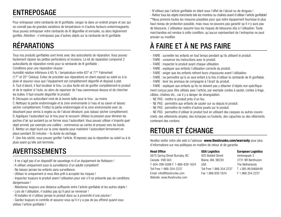 À faire et à ne pas faire, Retour et échange, Entreposage | Réparations, Avertissements | The Shrunks Wally Inflatable Bed Rail User Manual | Page 9 / 12