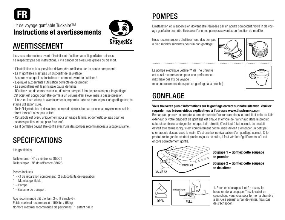 Pompes, Gonflage, Avertissement | Spécifications, Instructions et avertissements | The Shrunks Indoor Tuckaire Kids Travel Bed User Manual | Page 7 / 12