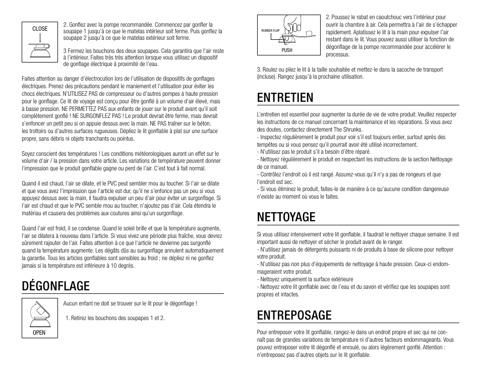 Entretien, Nettoyage, Entreposage | Dégonflage | The Shrunks Indoor Tuckaire Kids Travel Bed User Manual | Page 8 / 12