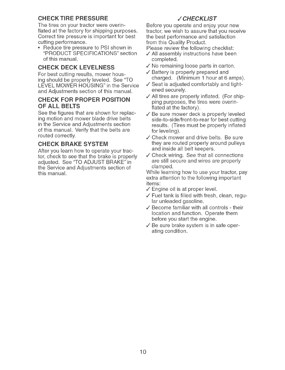 Check for proper position of all belts | Craftsman 917.273631 User Manual | Page 10 / 56