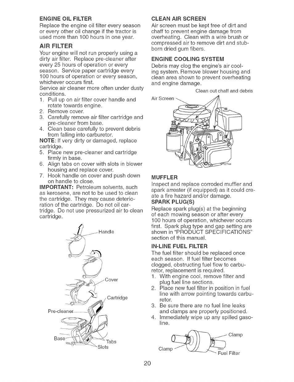 Engine oil filter, Air filter, In-line fuel filter | Craftsman 917.273631 User Manual | Page 20 / 56